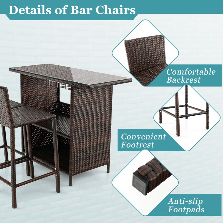 Outdoor wicker bar set featuring a comfortable backrest, footrest, and 3-row stemware racks for poolside enjoyment.